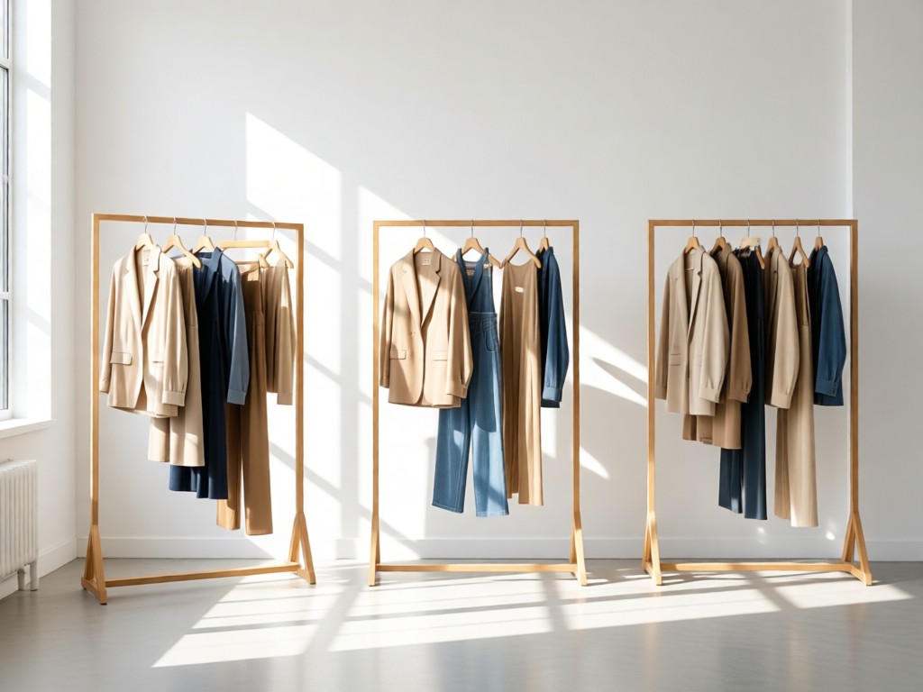 Three minimalist clothing racks displaying coordinated outfits in a sunlit studio. Natural light emphasizes fabric textures against white walls. Clean composition with breathing room. No people.