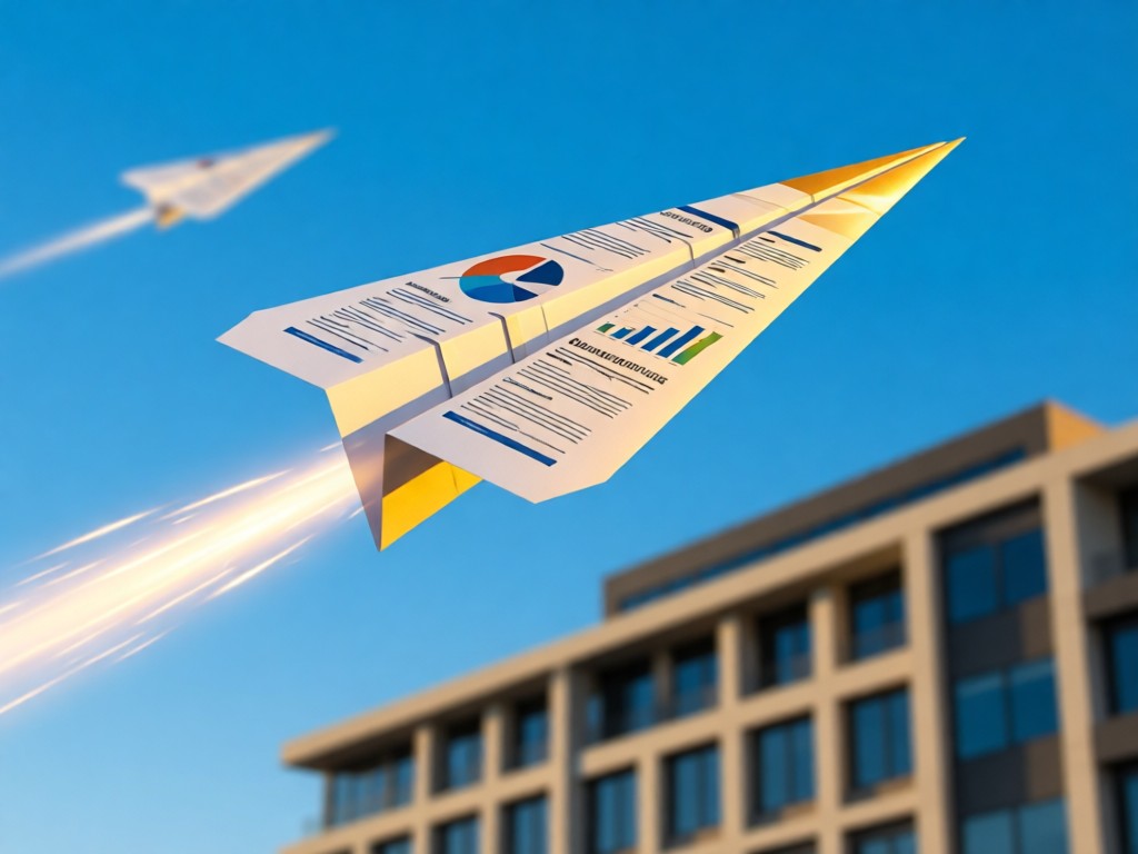 A paper airplane made from a marketing report mid-flight against a blue sky. Golden light highlights its trajectory over a blurred office building. No people.