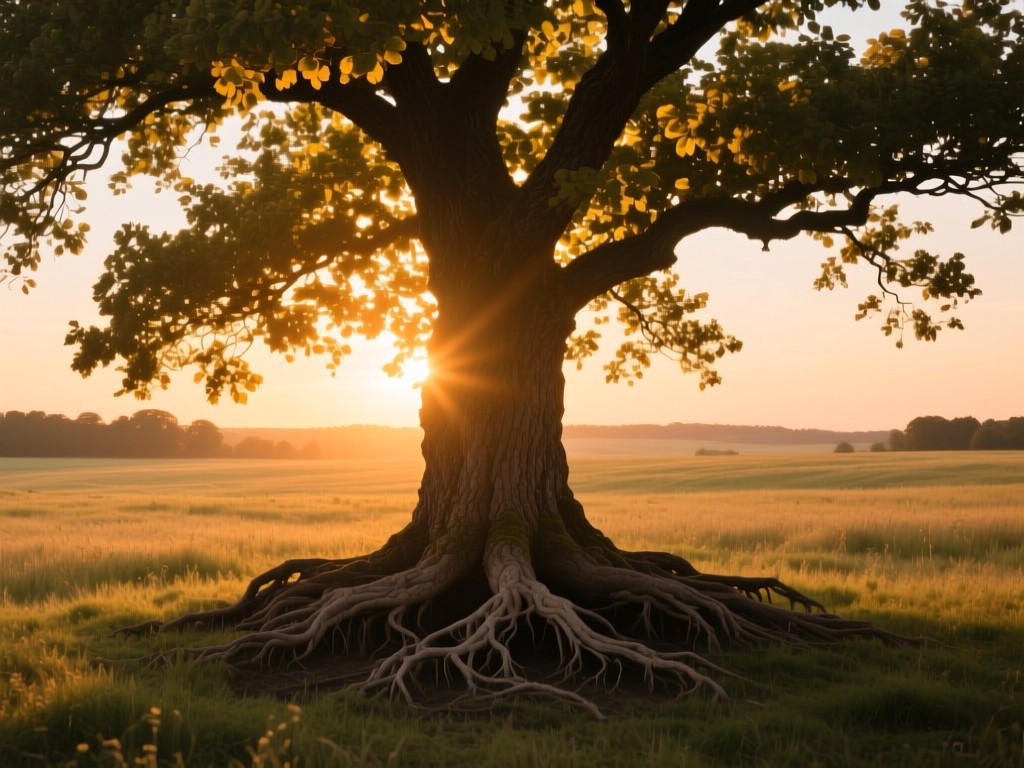 A single mature oak tree in an open field during sunset, deep roots visible, golden light filtering through leaves, symbolizing stability and growth, soft shadows, natural tones, no people.