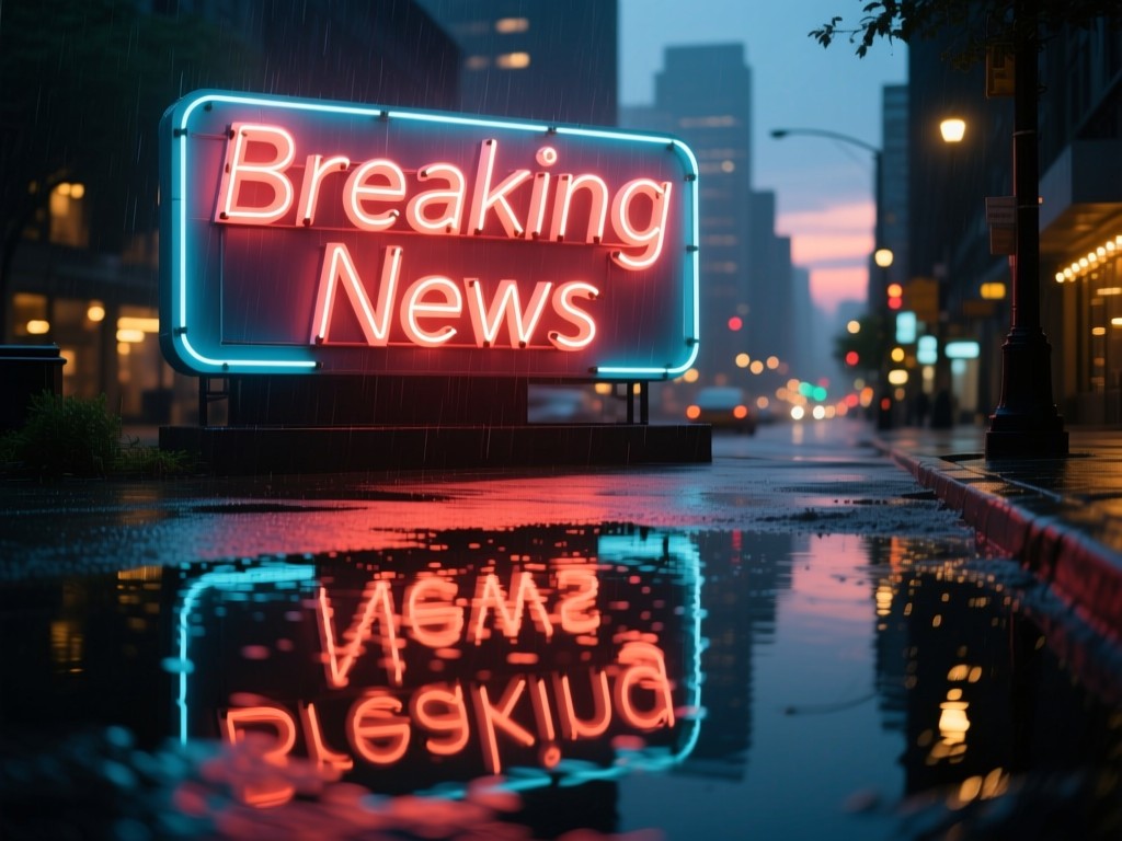 Neon "Breaking News" sign reflected in rain puddle at dusk, soft city lights in background, cinematic shallow focus, moody yet vibrant.