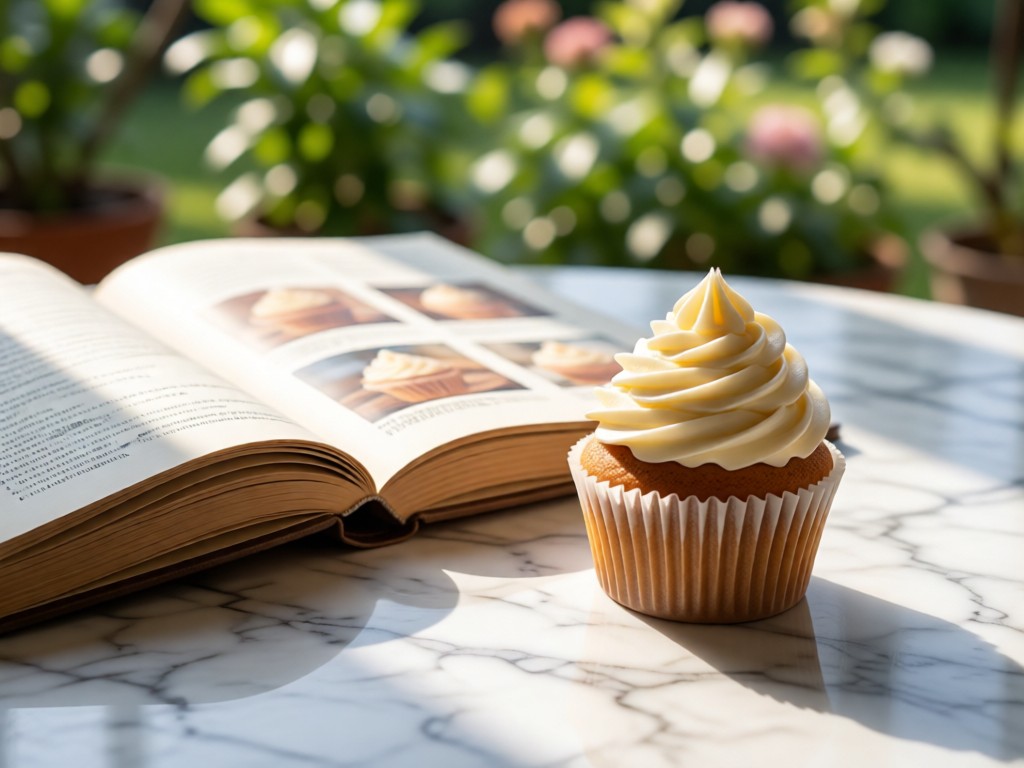 Overhead shot of an open recipe book beside a perfectly frosted cupcake on a marble surface. Natural light highlights the dessert's texture. Soft bokeh background. No people.
