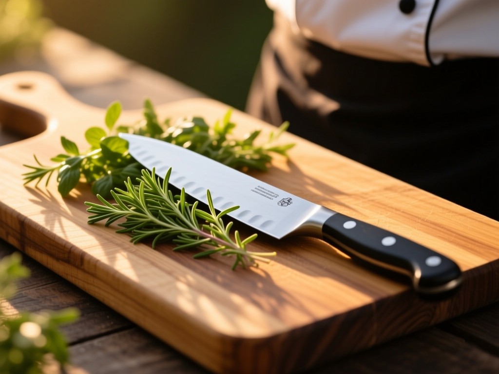 A rustic cutting board topped with fresh herbs and a chef's knife during golden hour, soft sunlight illuminating wood grain, shallow depth of field, warm natural tones, no people.