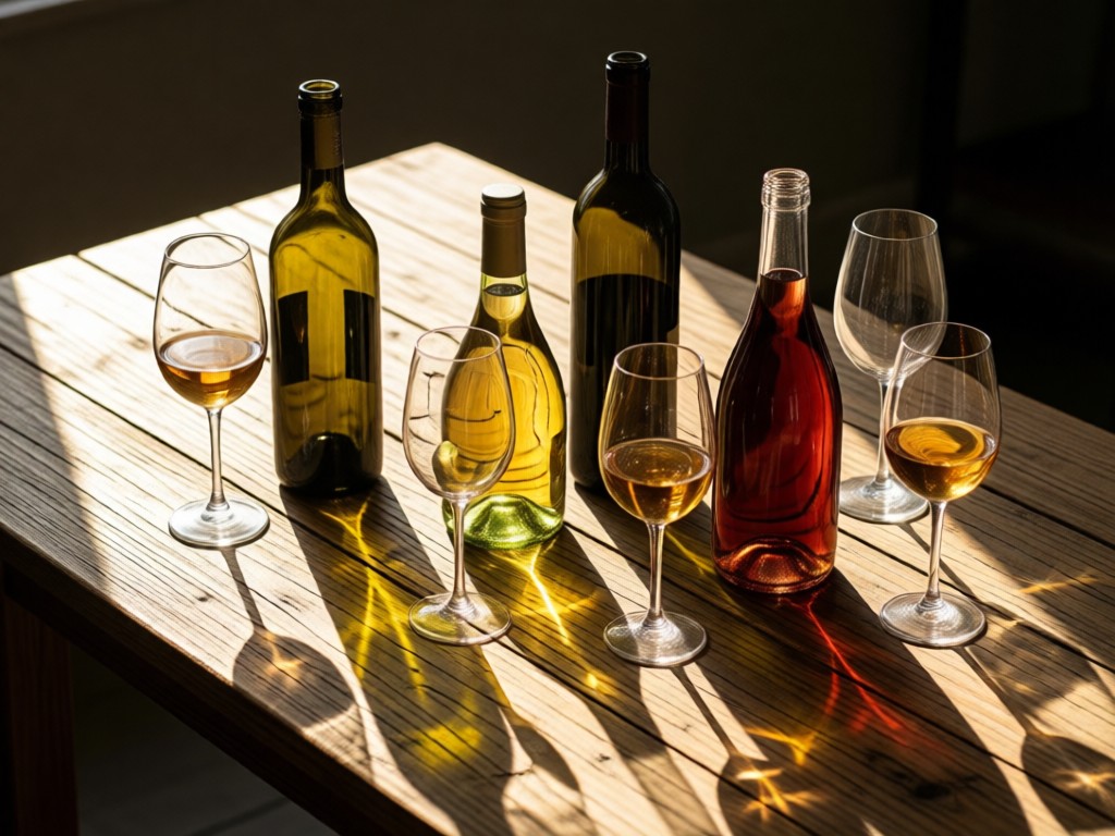 An artful arrangement of wine bottles and glasses on a reclaimed wood table. Late afternoon sun creates long shadows and highlights liquid textures. Focus on product presentation. No people.