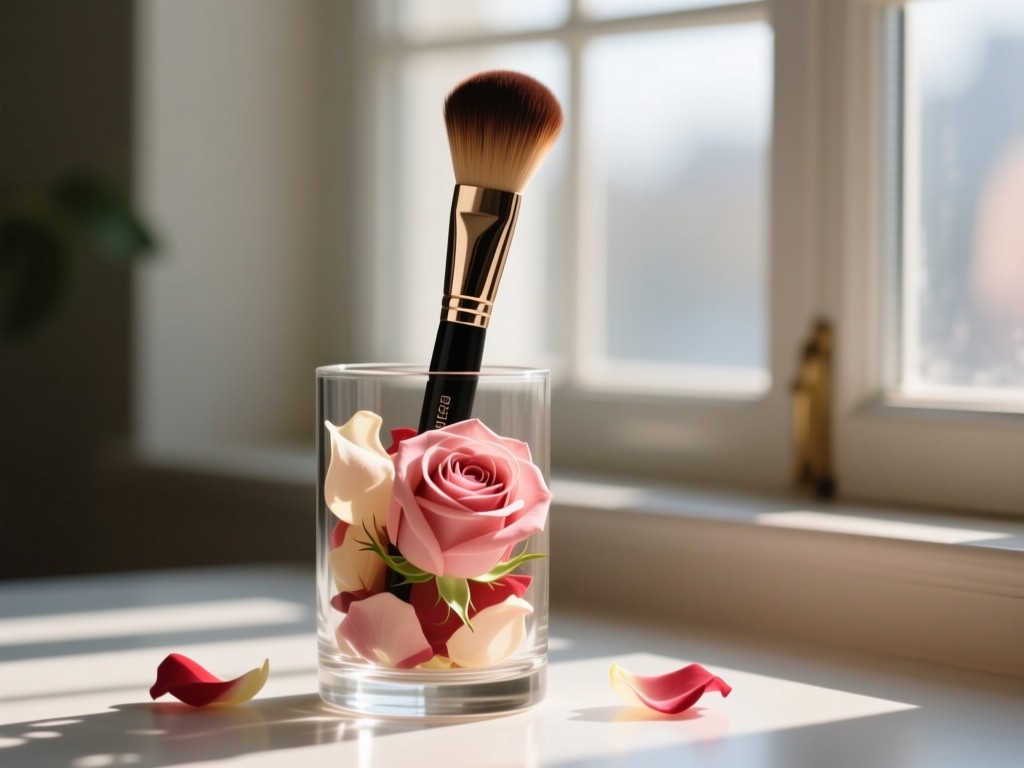 A single professional makeup brush standing upright in a glass vase filled with rose petals. Sunlight streams through a window, casting delicate shadows. Symbolizes precision and elevated beauty. No people.