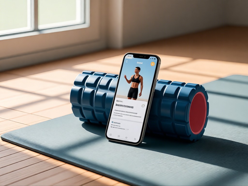 Smartphone displaying a clean athlete profile beside a foam roller on a yoga mat. Soft window light creates gentle shadows. Minimalist composition. No people.