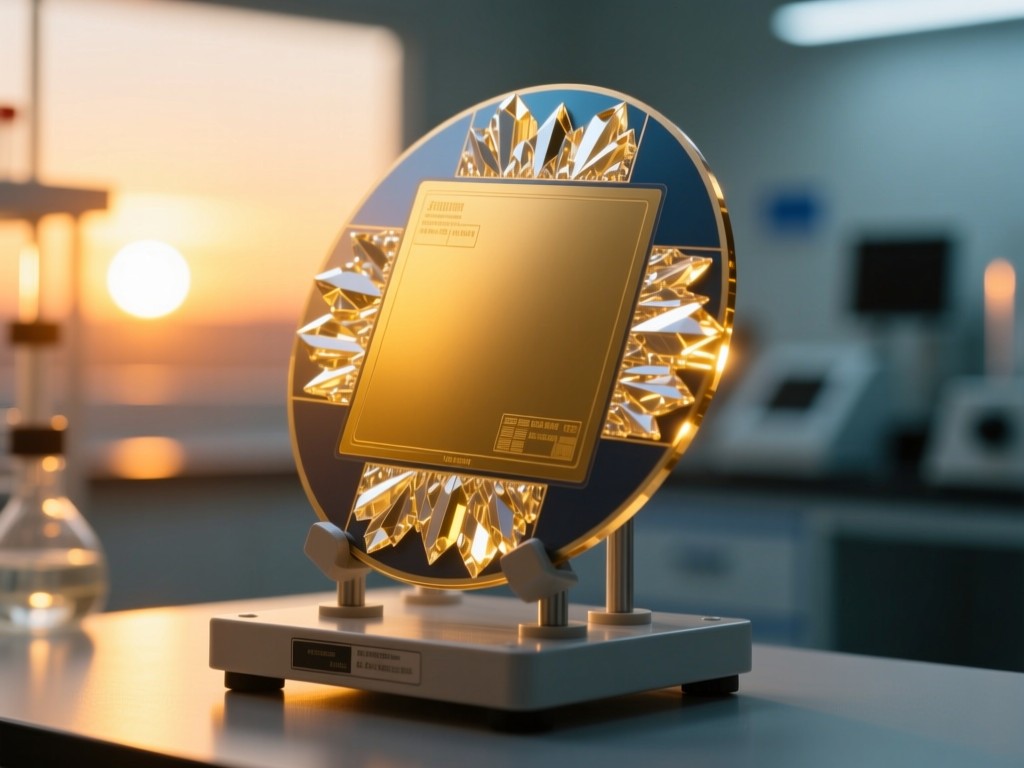 A single silicon wafer on a lab stand at sunset, golden light highlighting its crystalline structure against a soft-focus cleanroom background, symbolizing precision and growth.