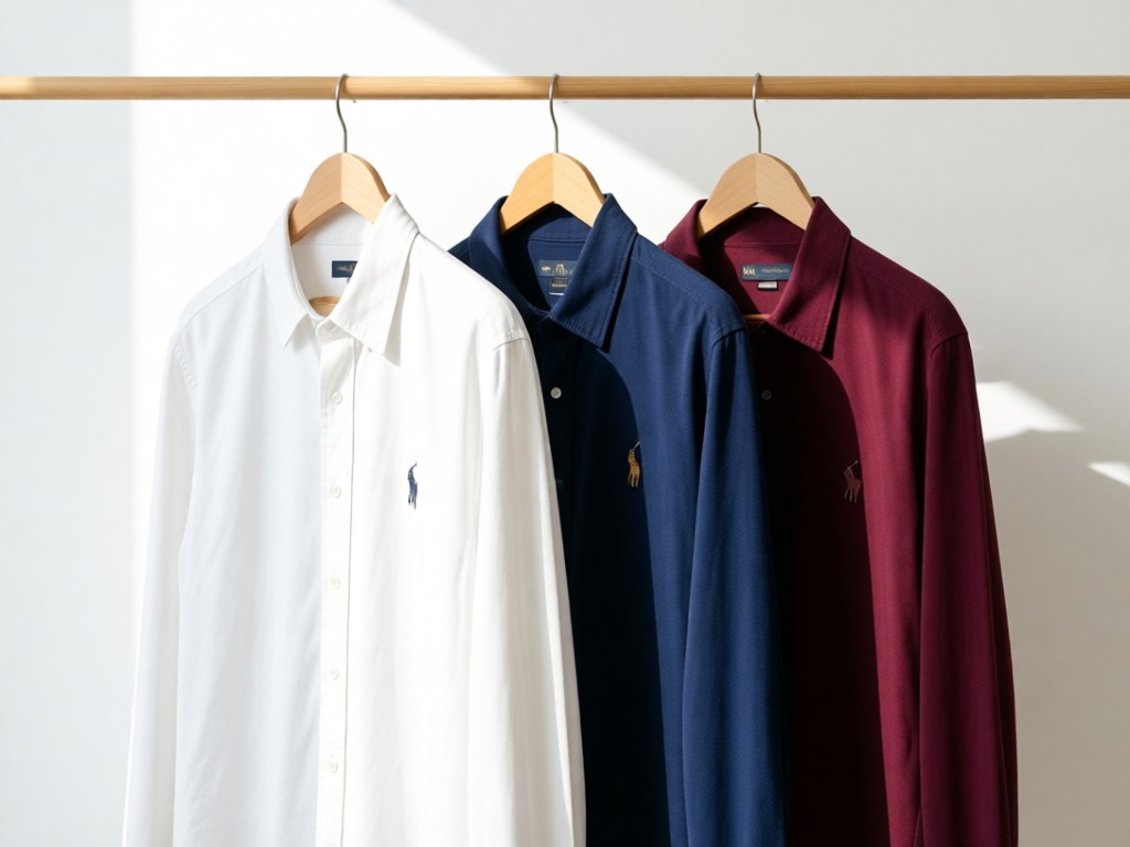 A minimalist clothing rack displaying three classic Polo Ralph Lauren button-downs in crisp white, navy, and burgundy. Soft natural light highlights fabric textures against a clean white backdrop. No people.