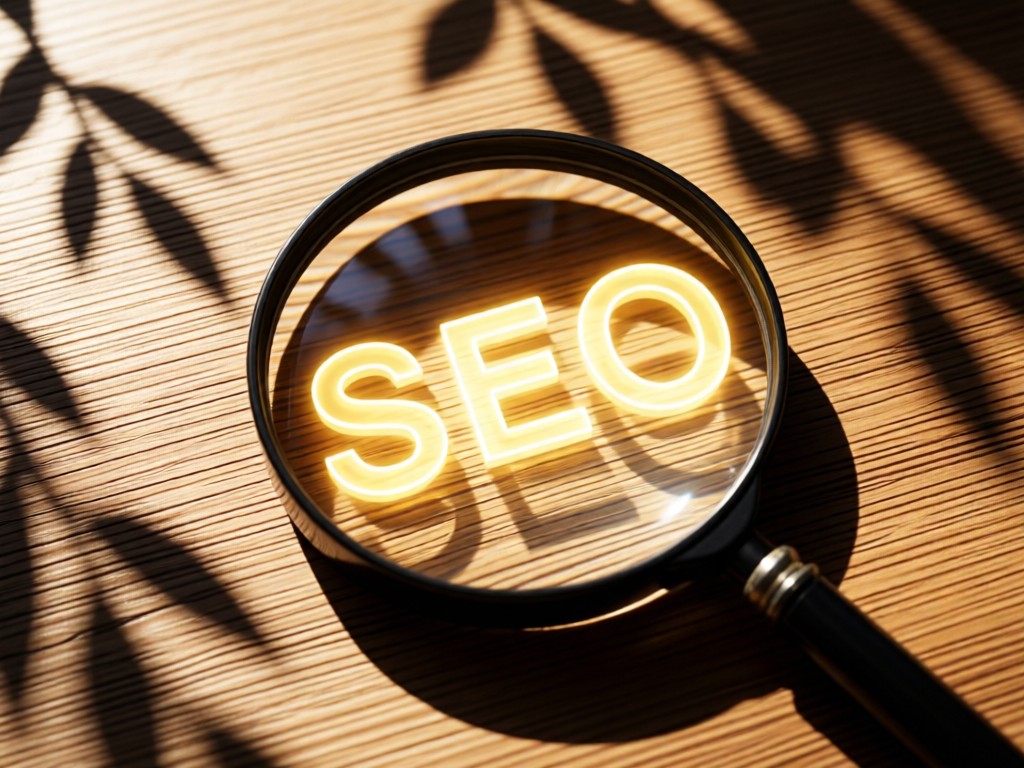 A magnifying glass focusing on a glowing 'SEO' text on a wooden surface. Sunlight streams through leaves creating dappled shadows around it. No people.