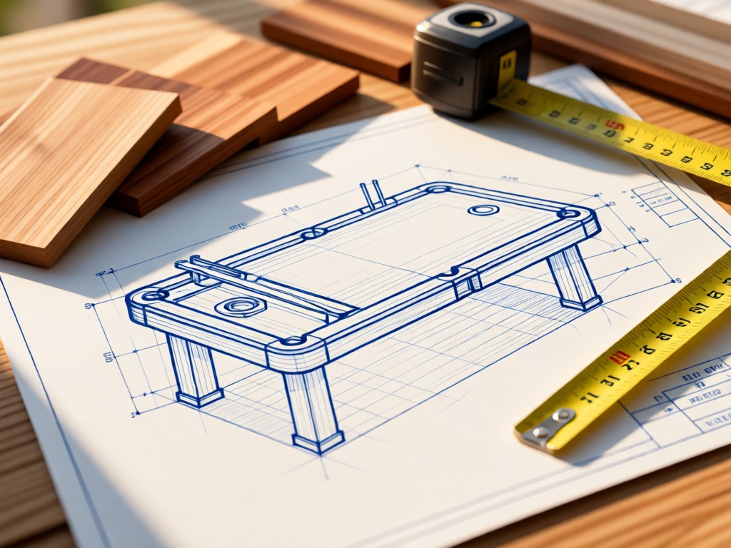 A blueprint sketch of pool table mechanics beside wood samples and a measuring tape. Soft focus on natural materials. Warm daylight illumination. No people.