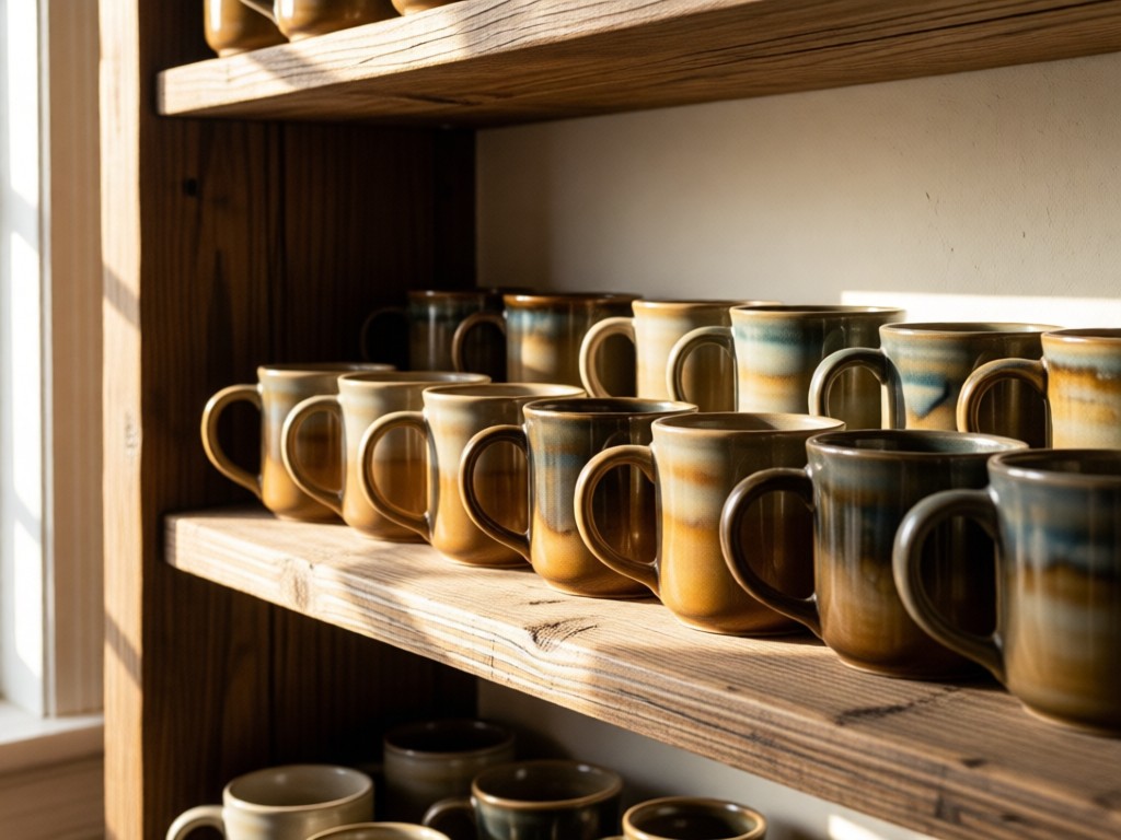 A neatly arranged collection of ceramic mugs on a rustic wooden shelf, bathed in soft morning light. Earthy tones dominate with subtle metallic glazes catching the sun. No people.