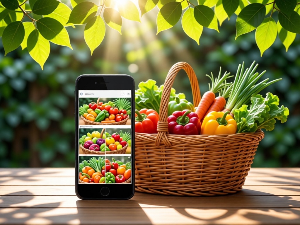 Smartphone displaying vibrant grocery photos beside a woven market basket with fresh produce. Sunlight filtering through leaves above. Clean composition with natural elements. No people.