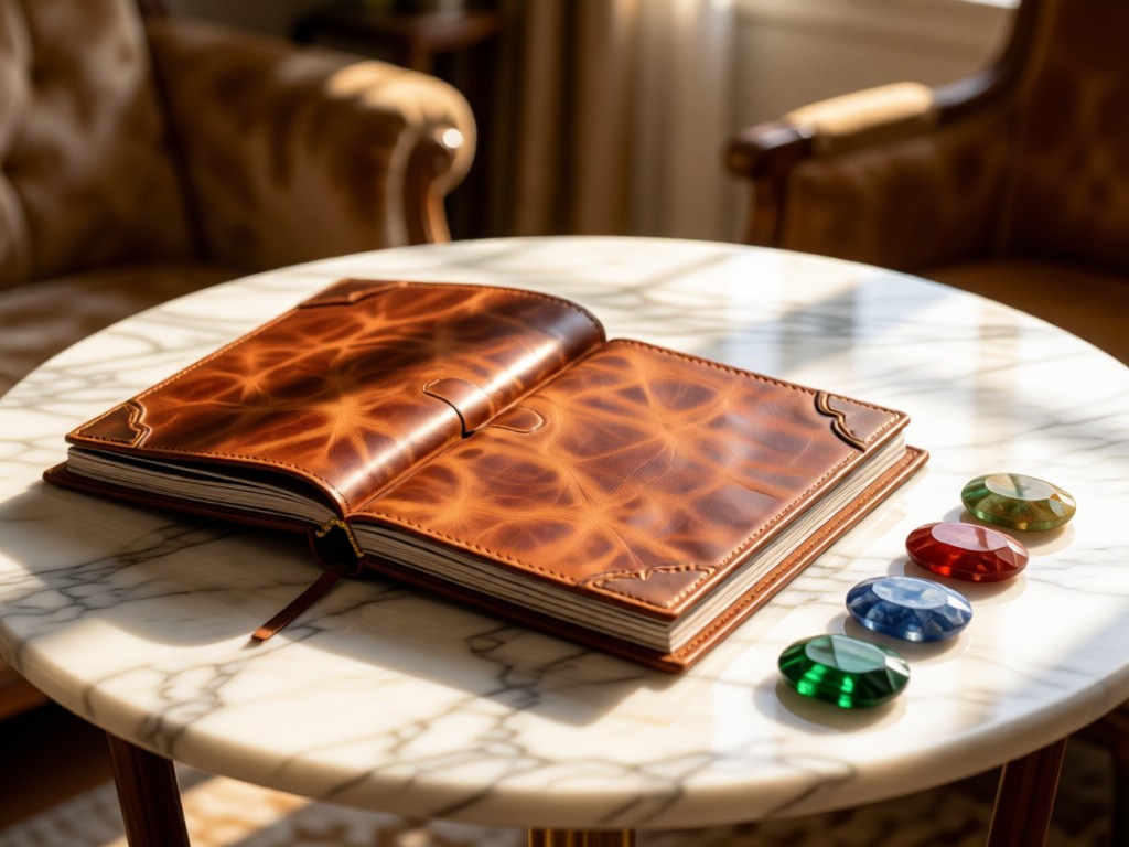 An open leather-bound lookbook on a marble table. Gemstone samples arranged beside it catch afternoon light. Luxurious textures and soft focus background. No people.