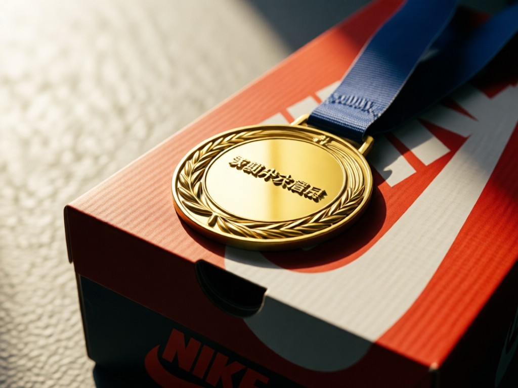 Close-up of a gold medal resting on a Nike shoebox lid. Soft directional lighting creates warm highlights on the metal. Minimalist background with subtle texture. No people.