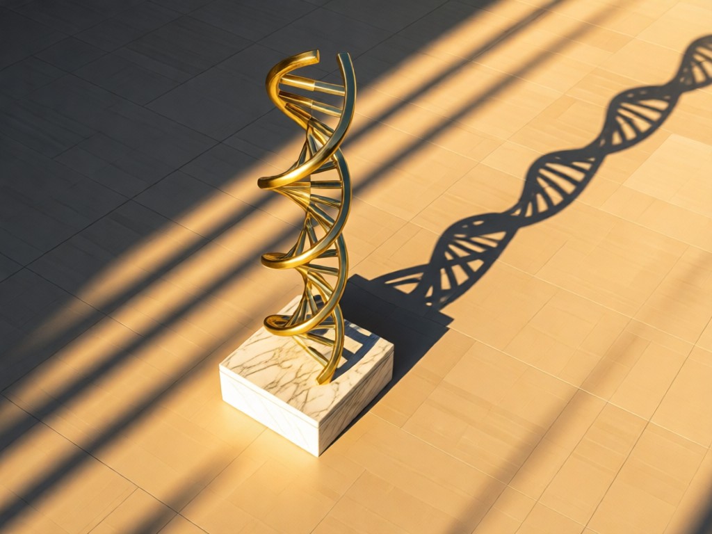 Aerial view of a helical DNA sculpture on a sunlit marble pedestal. Sharp shadow extends across clean surface. Surrounding negative space emphasizes focus. Golden hour warmth. No people.