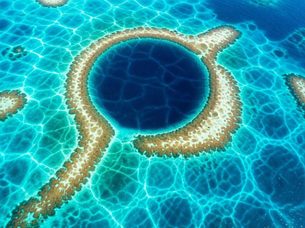 Aerial view of Belize's Great Blue Hole surrounded by coral reefs. Crystal-clear waters transition from teal to deep blue. Sunlight creates mesmerizing patterns on the ocean surface. No people.