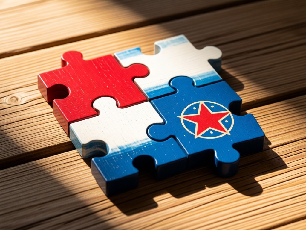 Close-up of interlocking wooden puzzle pieces painted red, white, and blue on a sunlit barnwood surface. One piece features a star emblem. Soft shadows add depth.