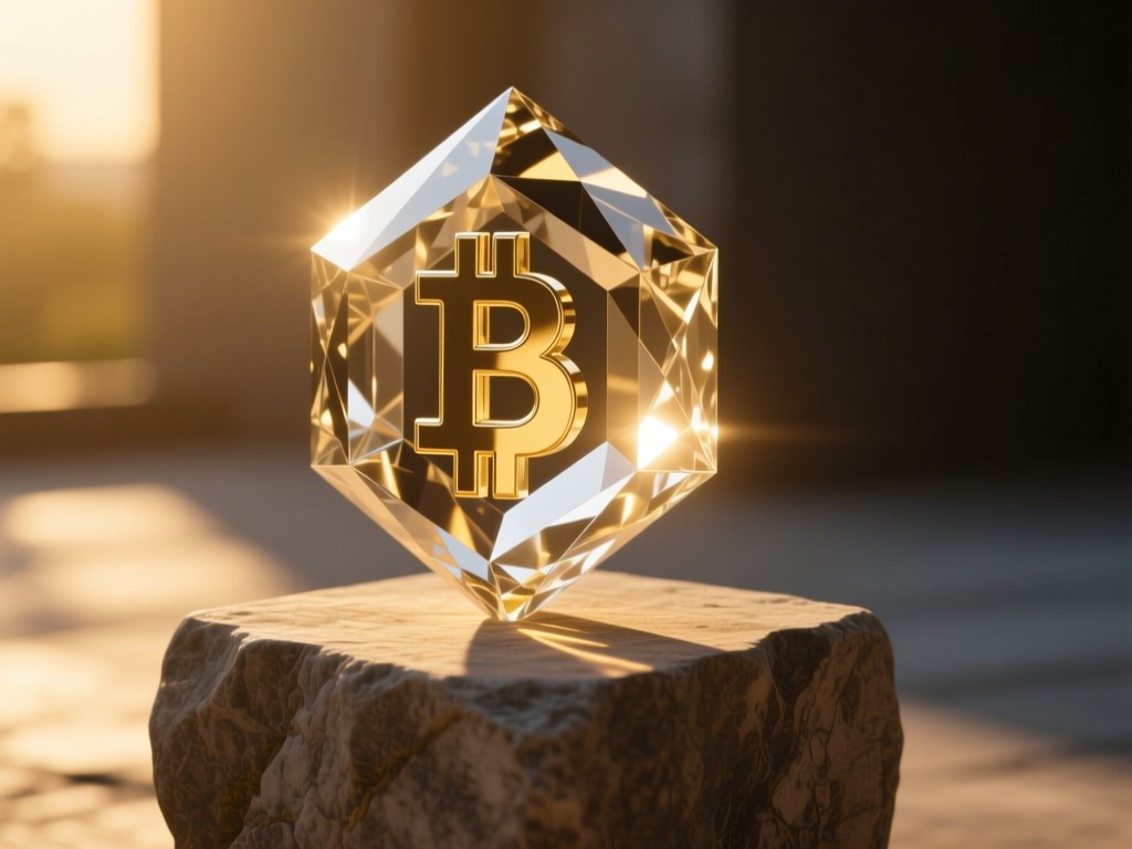 A geometric crystal structure (symbolizing blockchain) on a stone pedestal during golden hour, casting intricate shadows in warm sunlight, minimalist composition, no people.