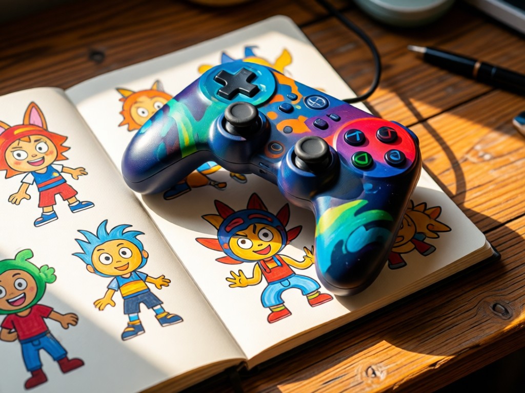 Close-up of a vibrant game controller resting on sketchbook pages showing playful character designs. Sunlight highlights the textures. On a rustic wooden desk. No people.