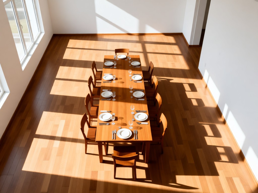 Aerial view of a perfectly arranged dining set in an empty sunlit room. Long shadows emphasize clean lines. Warm wood tones contrast with white walls. Symbolizes presentation clarity. No people.