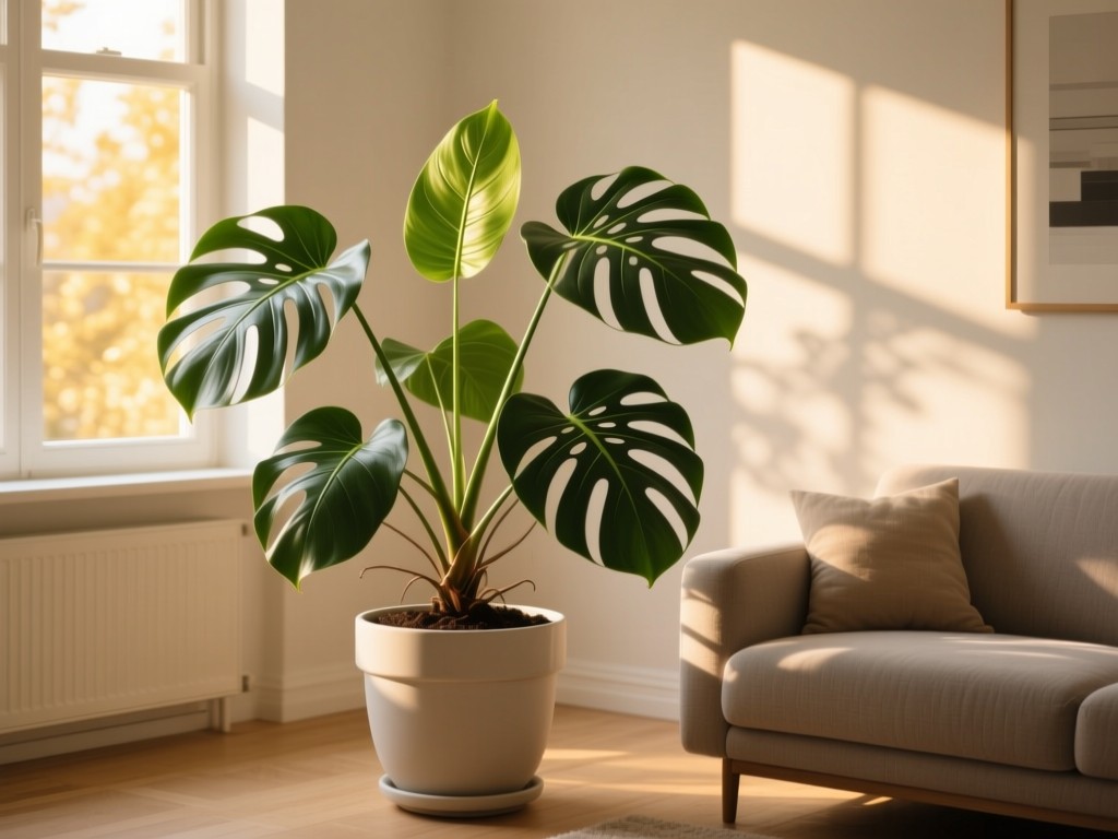 A flourishing potted monstera plant in a sun-drenched living room corner, new leaves unfurling toward golden window light, symbolizing business growth and natural evolution, minimalist Scandinavian decor, no human presence.