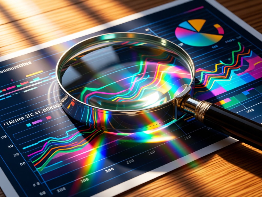 A close-up of a magnifying glass resting on a colorful data visualization chart. Sunlight creates prism effects through the glass onto a wooden surface. No people.