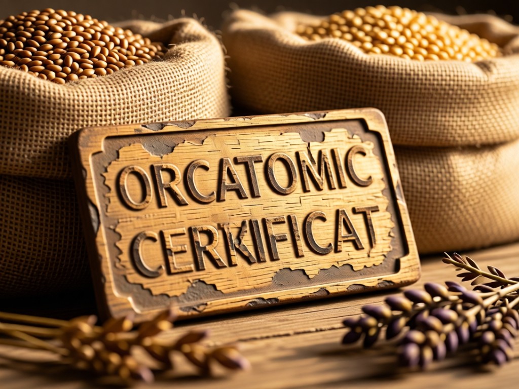 Close-up of a weathered organic certification plaque leaning against burlap sacks of grains. Warm light catches embossed text. Shallow depth of field with blurred dried herbs in foreground. No people.
