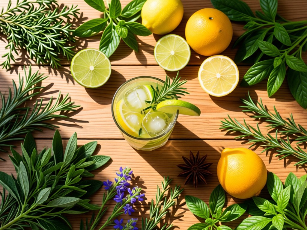 Flat lay arrangement of fresh botanicals, herbs, and citrus fruits surrounding a crafted non-alcoholic drink. Natural light highlights textures and colors. Wooden background. No people.