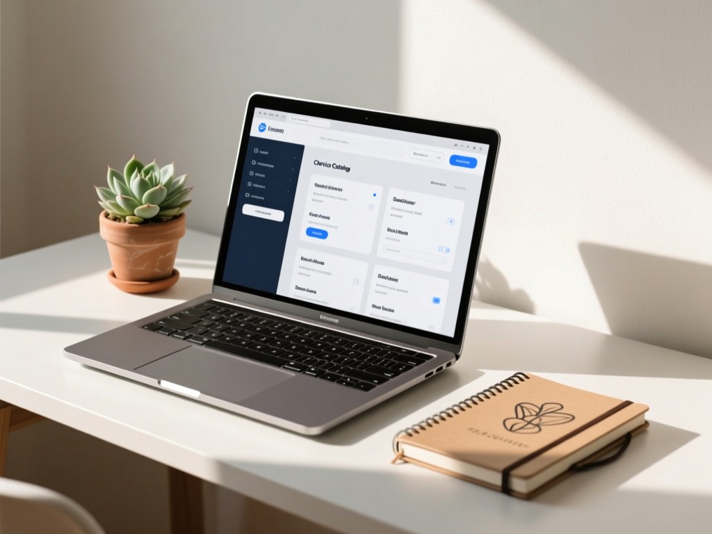 A minimalist desk with an open laptop showing a clean service catalog interface. Beside it, a small potted succulent and artisan notebook bathed in soft daylight. Focus on organization and clarity.