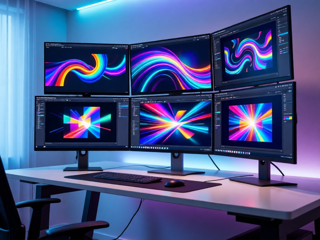 A modern desk with multiple screens displaying motion design projects. Soft light highlights vibrant colors. Clean tech aesthetic. No people.