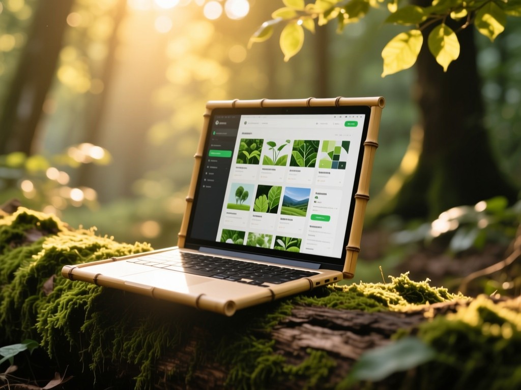 A bamboo laptop on a moss-covered log in a sun-dappled forest, screen showing organized environmental content grids, golden hour light filtering through leaves, shallow depth of field, natural color palette.