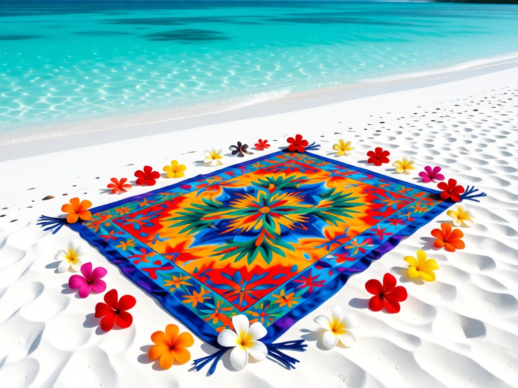 Aerial view of a vibrant Polynesian pareo scarf laid flat on white sand near turquoise water. Scattered tropical flowers frame the fabric. Symbolizes cultural pride meeting modern accessibility. No people.