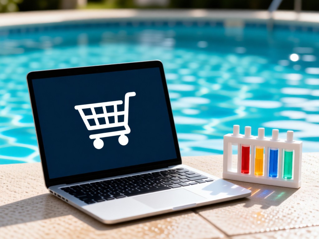 Shopping cart icon on a laptop beside pool test kits. Soft-focus water background. No people.