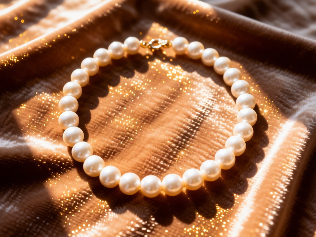 Aerial view of a single, exquisite pearl necklace arranged in a perfect circle on soft velvet fabric. Sunlight glints off the pearls, symbolizing unity and polished presentation. Warm, clear background. No people.