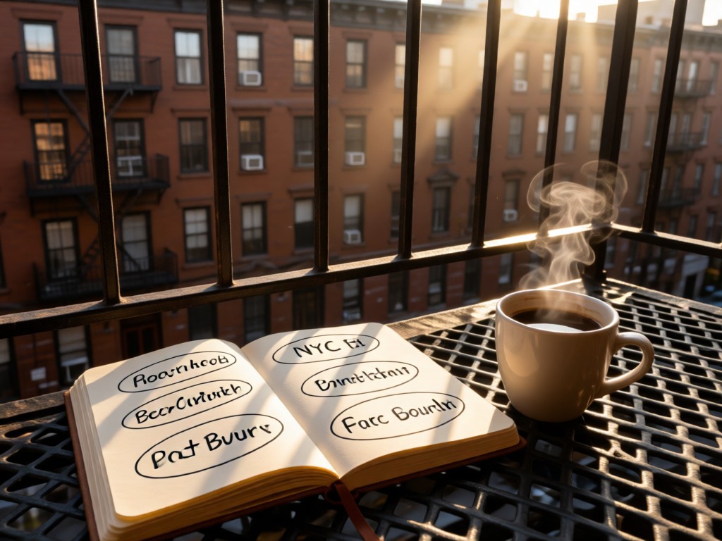 An open notebook with handwritten NYC borough names circled, beside a steaming coffee cup on a fire escape overlooking brownstones. Morning light filters through iron railings. No people.