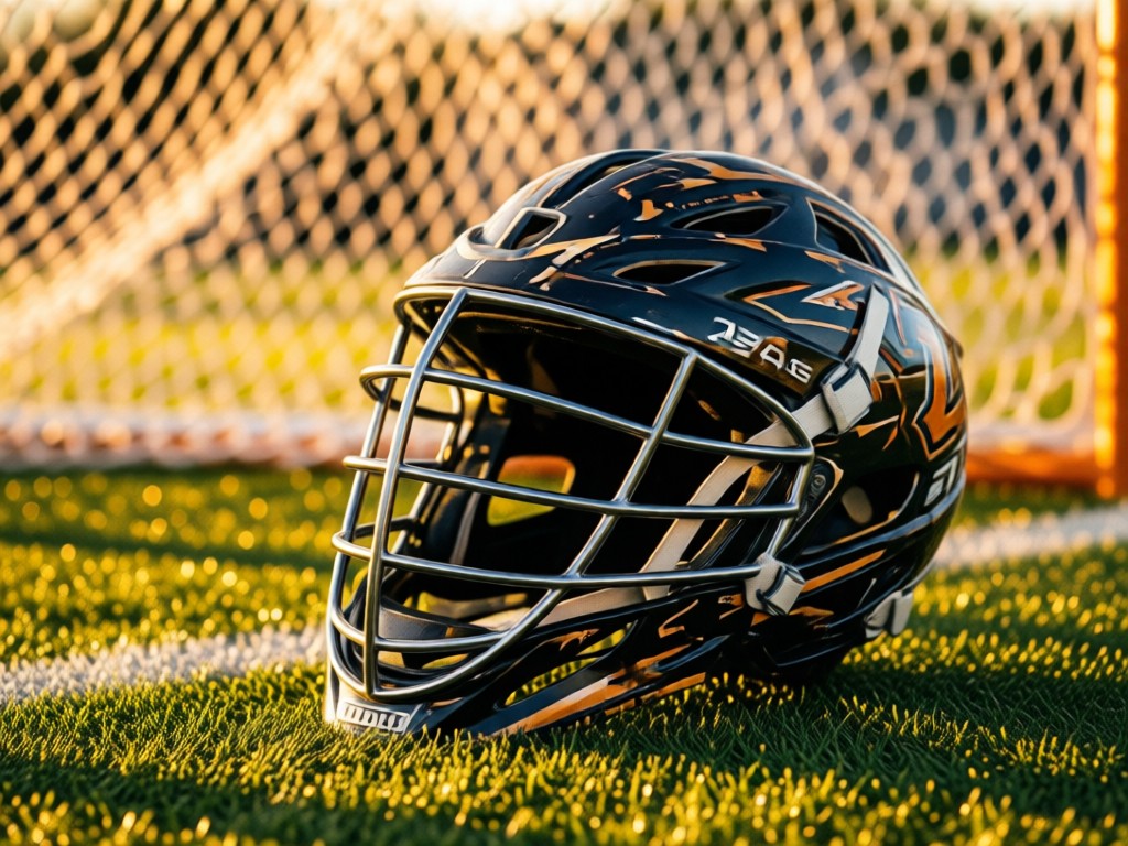 A gameday lacrosse helmet resting on a turf field. Focus on texture with morning light hitting the cage. In background, soft-focus goal netting. Warm, aspirational tone.