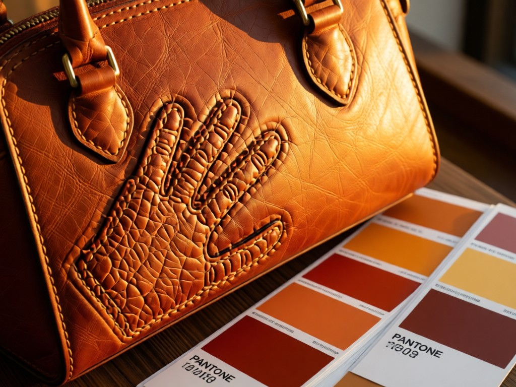 Close-up of a hand-stitched leather handbag with visible texture, placed beside color-coordinated Pantone swatches. Golden hour light highlights craftsmanship details. Warm and tactile. No people.