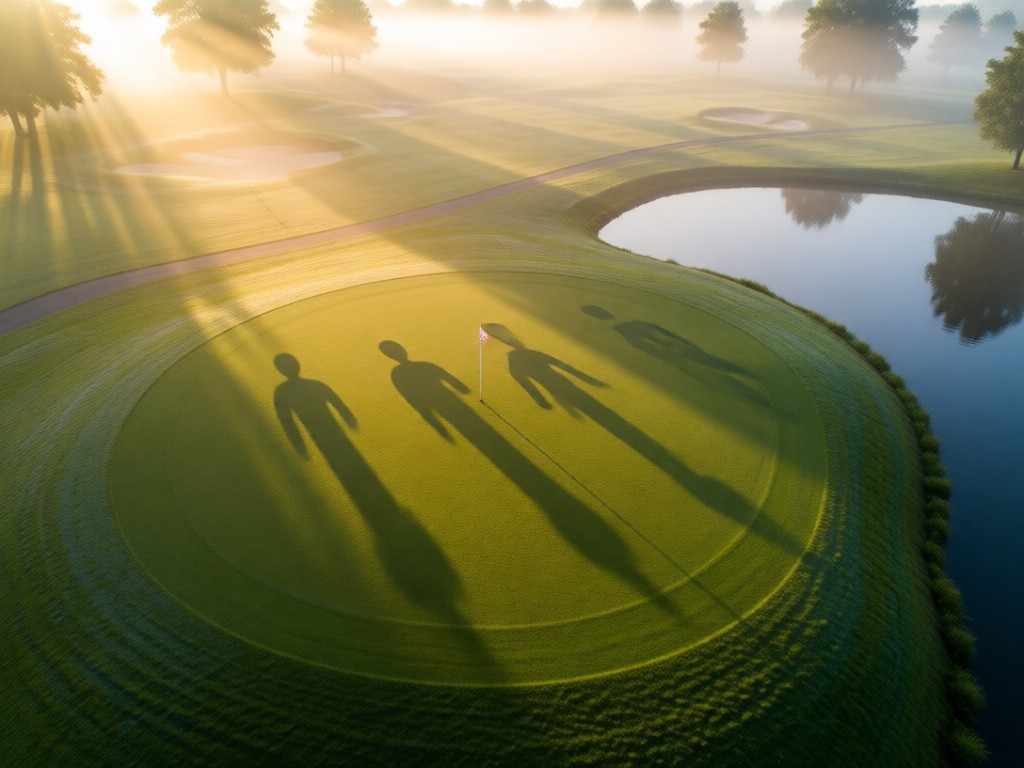 Aerial view of a single golf hole at dawn with flagstick casting long shadow. Fairway symbolizes clear career path. Morning mist adds atmosphere. No people.