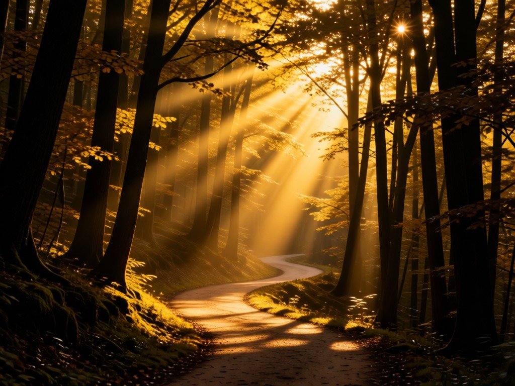 A winding forest path illuminated by sunbeams piercing through canopy. Symbolizes discovery and visibility. Warm golden tones with atmospheric perspective. No people.