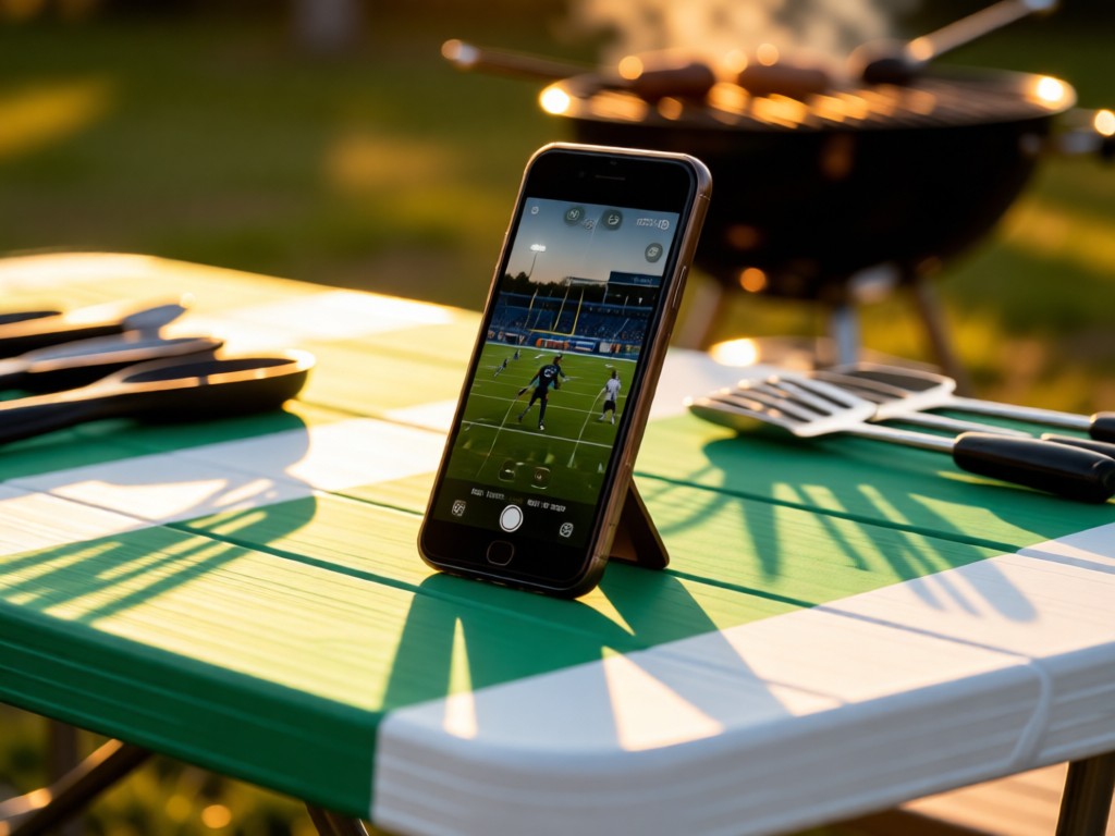 A smartphone showing Eagles game footage propped on a green and white tailgating table. Golden hour light creates long shadows. Grilling tools blurred in background. No people.
