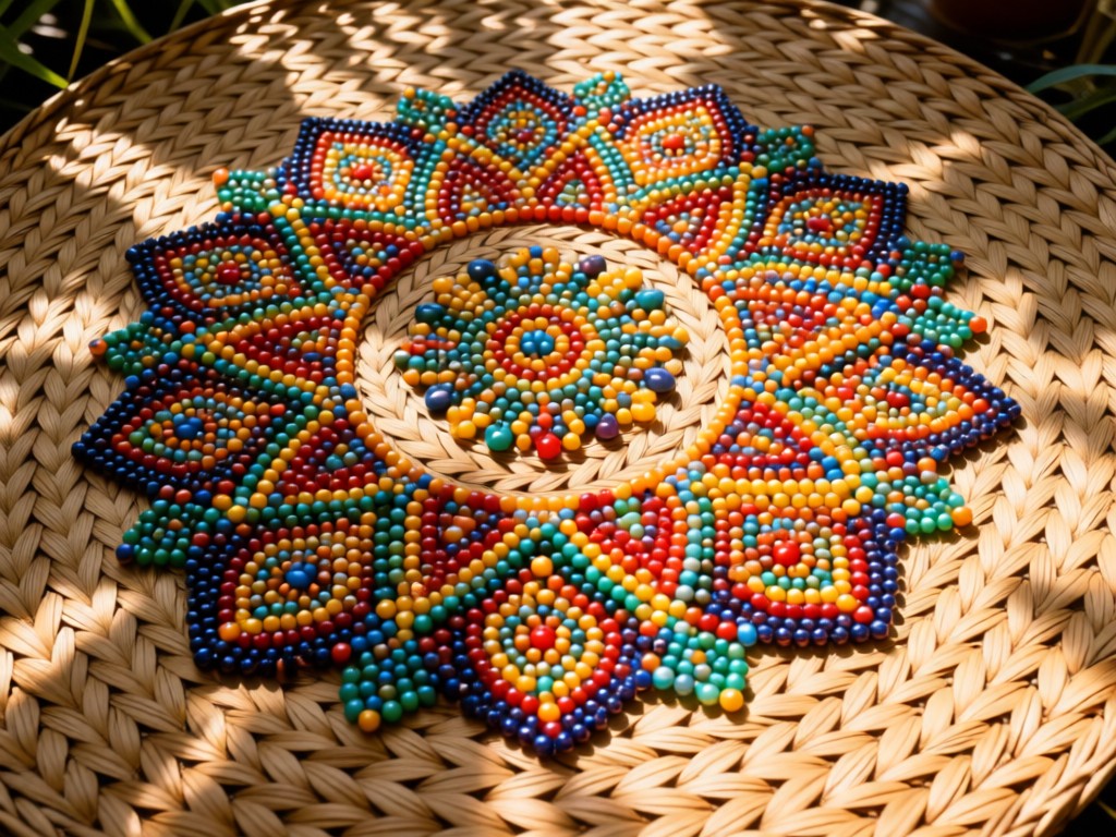 An aerial view of colorful pompis beads arranged in intricate patterns on a woven mat in dappled sunlight. The arrangement shows artistic precision within a natural setting. No people.