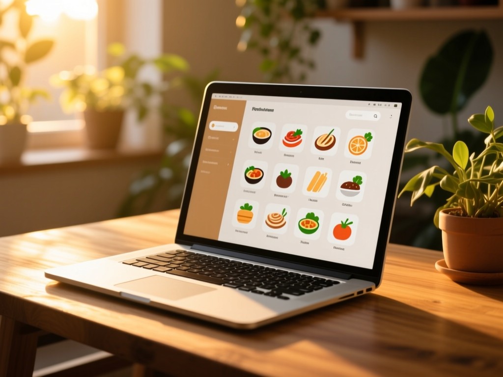 Open laptop on a wooden desk during golden hour, screen showing a digital recipe collection with food icons, warm sunlight, plants in background, soft natural lighting, no text.