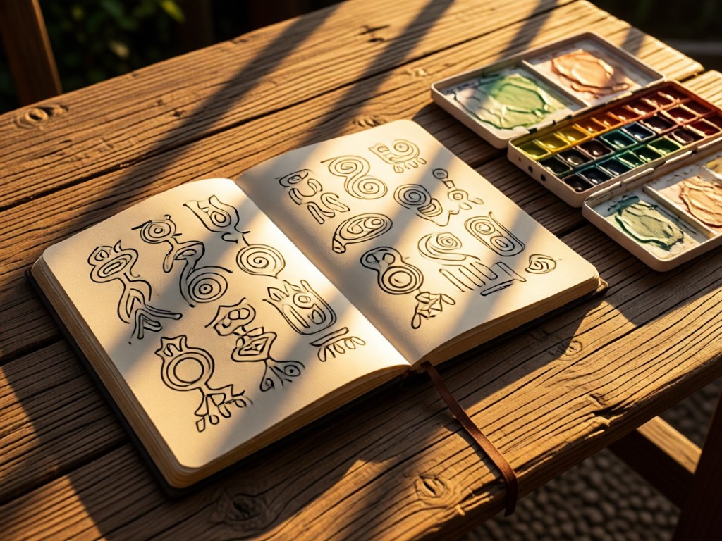An open sketchbook showing primitive pattern designs beside natural pigments on a rough-hewn table. Golden hour light creates long shadows across textured surfaces. No people.