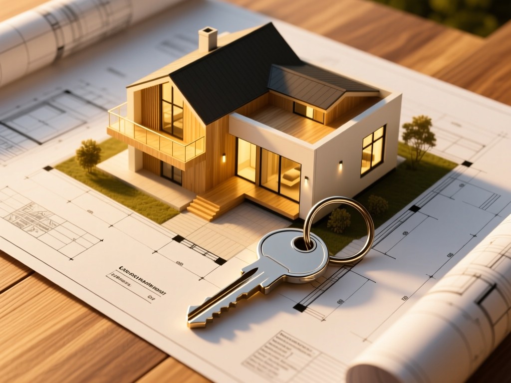 Aerial view of a sleek key resting on a blueprint of a modern house. Golden light emphasizes precision and clarity against warm wood grain. No people.