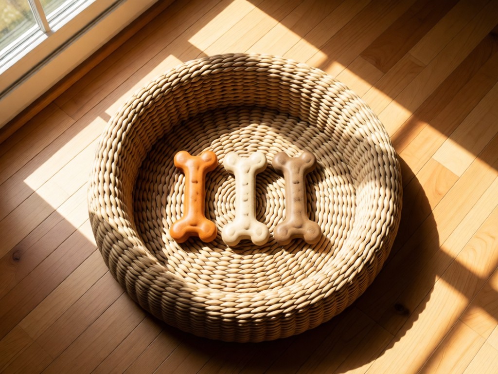 Overhead shot of a woven dog bed holding three chew toys arranged neatly. On sun-drenched hardwood floor. Soft shadows from window. Represents organization and care. No people.