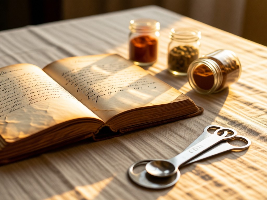 A weathered recipe book open next to scattered spice jars on a linen tablecloth. Soft focus on handwritten notes with measuring spoons in foreground. Golden hour lighting. No people.