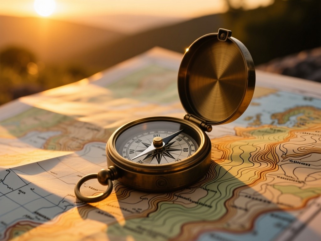 A vintage compass resting on a topographic map during sunset, golden light highlighting terrain details, symbolic of discovery and navigation, soft shadows, natural textures, no text.