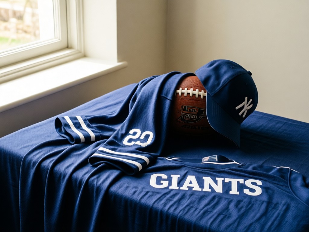 Artistically arranged Giants merchandise on a navy fabric: jersey draped over a football, cap tilted beside it. Soft window light highlights textures. Minimalist composition. No people.