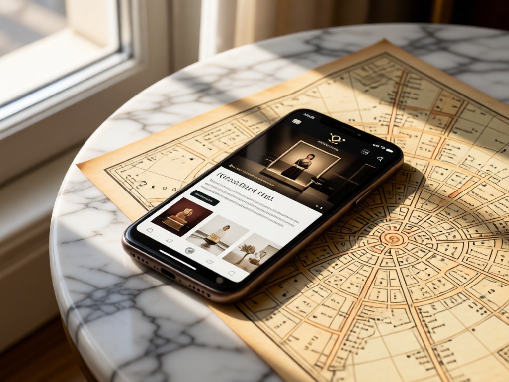 A smartphone displaying a chic portfolio site, resting on a vintage Parisian map. Soft light from a nearby window illuminates the scene. Marble surface underneath. No people.