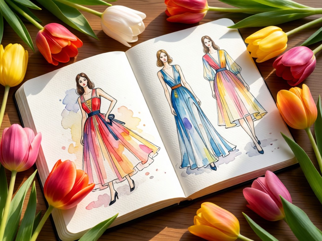 An open sketchbook with watercolor fashion illustrations surrounded by fresh tulips. Natural light highlights the textures of paper and petals. No people.