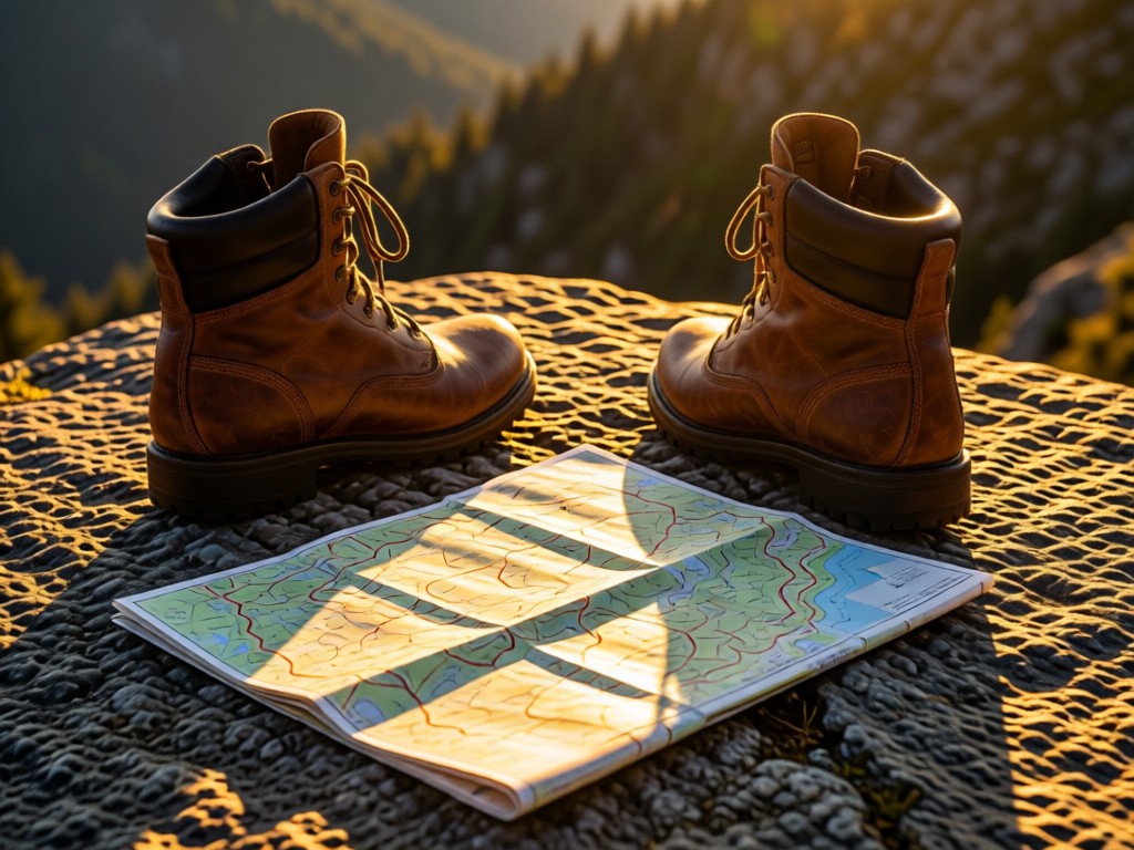 A leather hiking boot next to a folded topographic map showing mountain trails. Golden hour light creates long shadows on textured surfaces. Outdoor adventure theme. No people.
